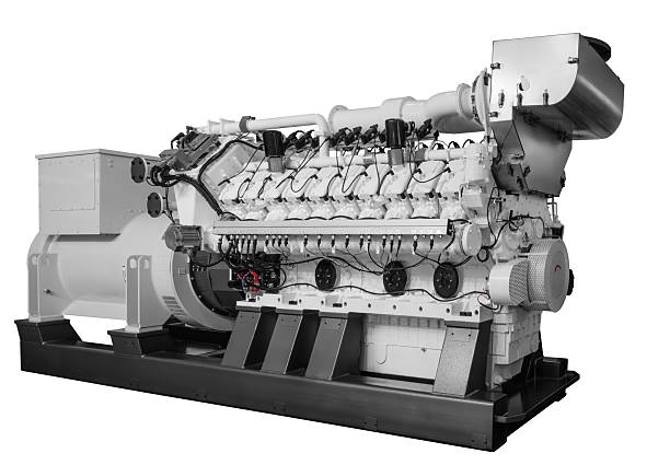 Massive diesel engine generator with many cylinders isolated on white transparent background.