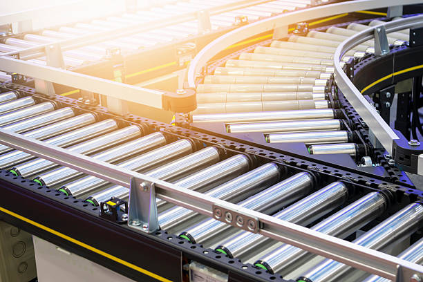 The machinery system for delivering goods in the material warehouse with a sliding mechanism, in a focus view on the sliding equipment.