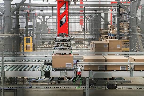 palletizer - packing line in a logistics warehouse. conveyor belt in a modern production line